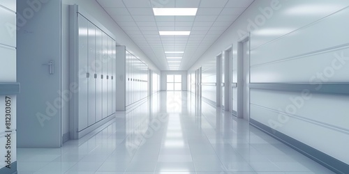 Pristine  white corridor of a modern hospital with closed doors and a bright  clinical atmosphere