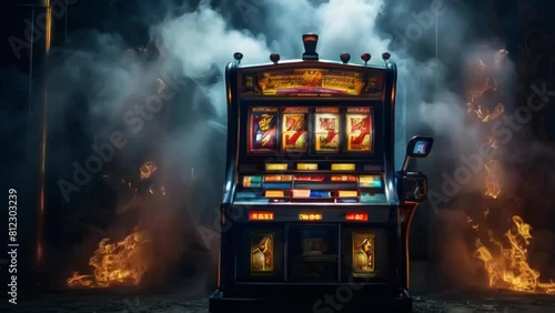 a slot machine in a casino, dramatic lighting and smoke. an atmosphere of mystery and excitement.. photo