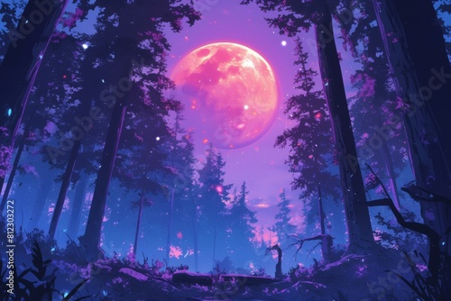 detailed moonlit forest landscape with a focus on the intricate details of the trees