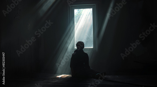 A person sitting in a dark room with a single ray of light shining through a window, symbolizing hope and possibility in times of darkness
