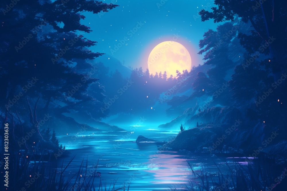 Naklejka premium moonlit forest illustration with a variety of plants and wildlife