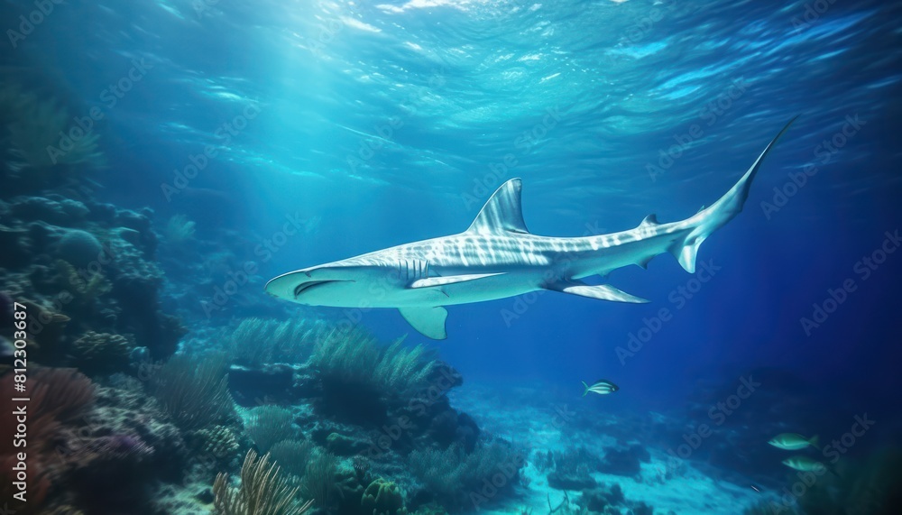 Fototapeta premium The Giant Sharks in the ocean, portrait of Shark hunting prey in the underwater