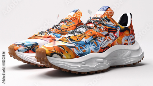 Color photo of a high-fashion collaboration pair of sports shoes photo