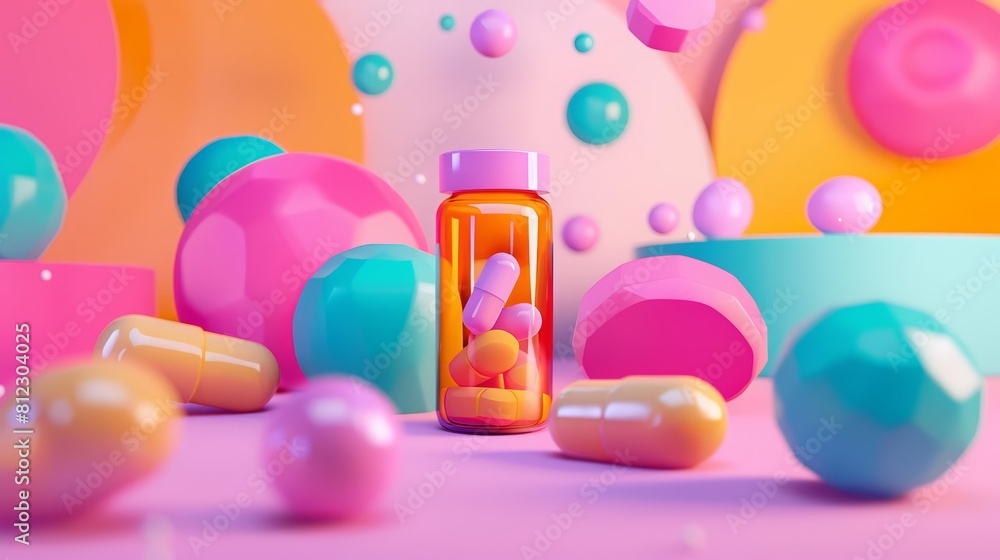3D illustration abstract background of a pill bottle, using retro color styles, offering a visually striking template for healthcare advertising 3D illustration abstract background of a pill bottle, using retro color styles, offering a visually striking template for healthcare advertising