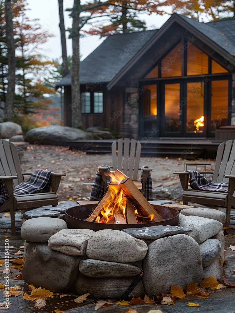 A rustic fire pit outside a cabin in the autumn landscape. 