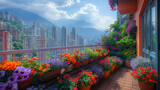 A balcony oasis teeming with flowers in red, orange, and purple pots amidst city architecture, offering a serene burst of nature