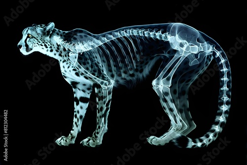 A skeleton of a leopard is shown in a black and white photo