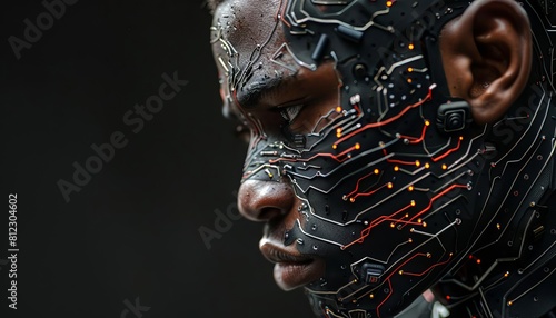 Illustrate a cyborg with intricate circuit patterns on its skin, standing boldly on a black background with room for a message