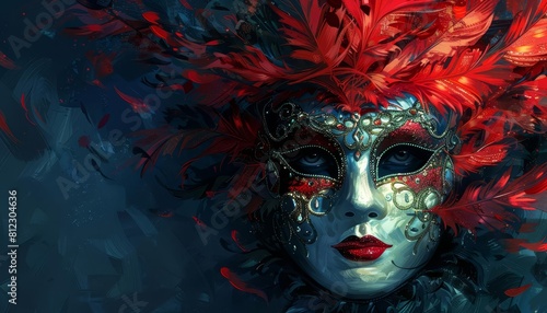Wallpaper Mural Illustrate a dramatic Venetian mask adorned with red and black sequins and a high plume of feathers, contrasted against a dark blue background Torontodigital.ca