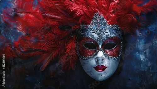 Illustrate a dramatic Venetian mask adorned with red and black sequins and a high plume of feathers, contrasted against a dark blue background © Nawarit