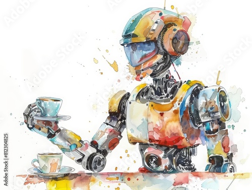 A futuristic watercolor of a robot serving coffee, creatively detailed and isolated concept minimal with white background