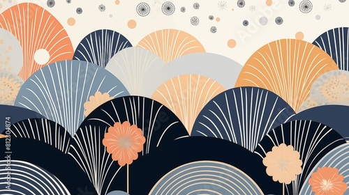 Elegant Japanese-Inspired Abstract Wave Pattern with Floral Accents.
