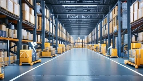 Automated warehouse system enhances efficiency by automating package selection and delivery operations. Concept Warehouse Automation, Package Selection, Delivery Operations, Efficiency Enhancement. photo