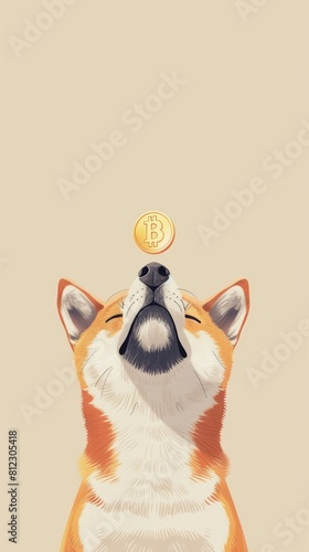 A Shiba Inu dog balancing a Bitcoin coin on its head in an illustration  copy space  wallpaper