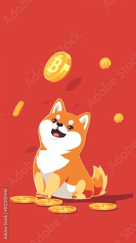 A cheerful Shiba Inu sits surrounded by raining Bitcoins, illustrating crypto enthusiasm, funny wallpaper
