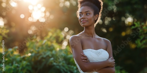 Beautiful African American bride posing in natural setting with warm golden hour sunlight photo