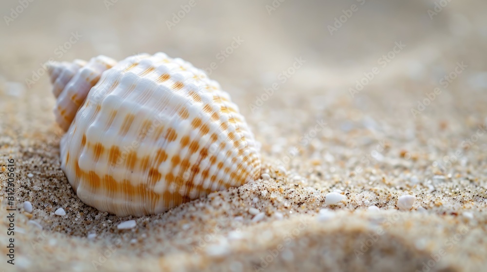 Cowrie shell resting on sandy beach Cowrie shell resting on sandy beach