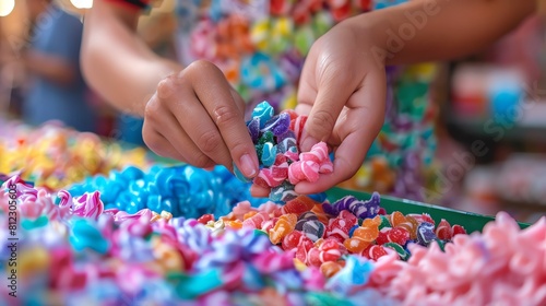 A woman's hand is holding a handful of colorful candy