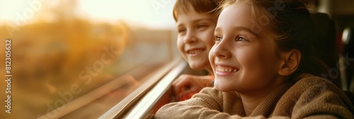 Two happy siblings are smiling while looking out the train window during a journey