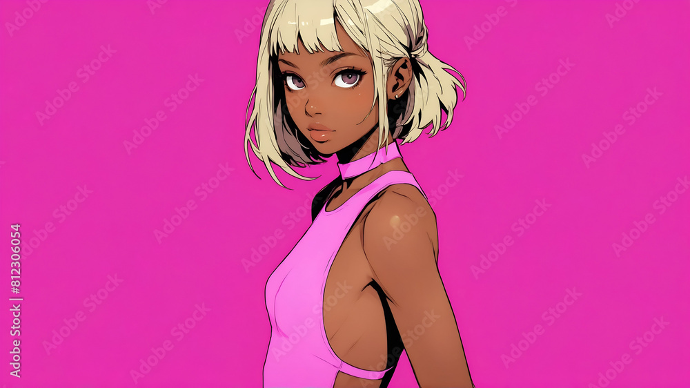 Anime black blond girl wearing sexy pink dress isolated on neon pink background Anime black blond girl wearing sexy pink dress isolated on neon pink background