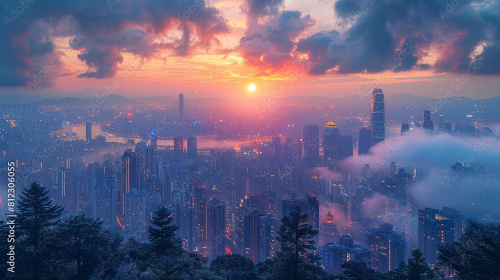 Obraz premium Photograph iconic city skylines during sunrise or sunset for dramatic effect