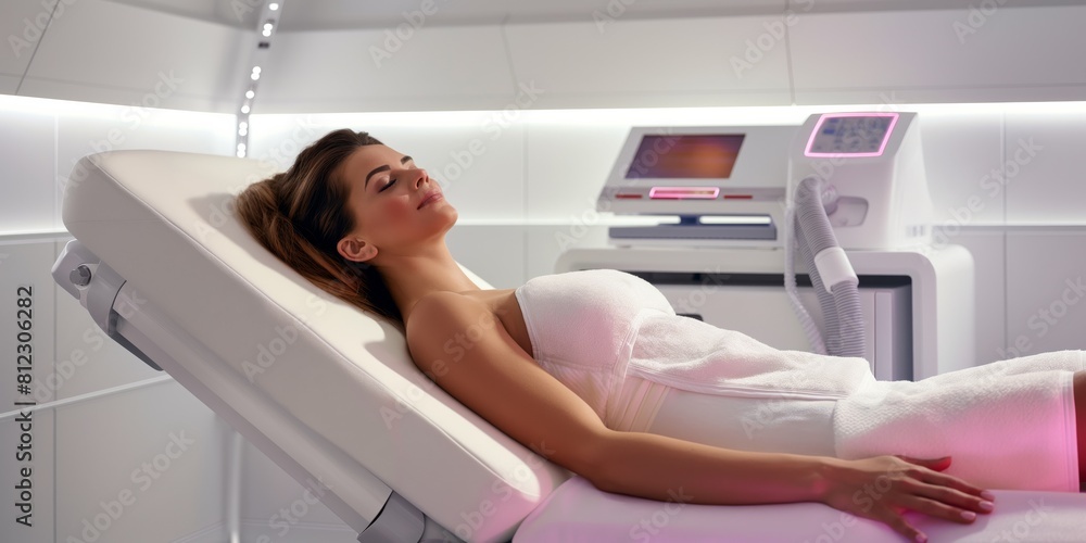 A futuristic medical scan with a patient lying comfortably, suggesting advanced health care technology A futuristic medical scan with a patient lying comfortably, suggesting advanced health care technology