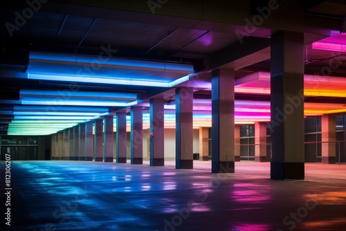 A Vibrant Display of LED Lights in a Modern Underground Parking Facility
