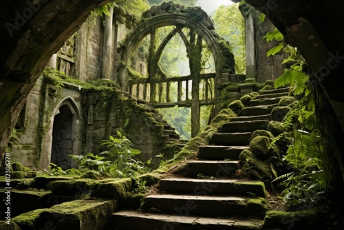 A hauntingly picturesque view of a deserted film set reclaimed by nature