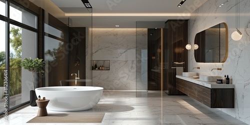 Opulent bathroom with white marble tiles, freestanding bathtub, and dark wood cabinets. Marble exudes luxury, bathtub adds modern flair. Dark wood enhances richness. Modern lighting enhances ambience.