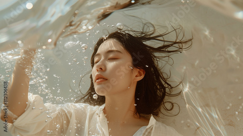 portrait of an Asian woman underwater, serenity.