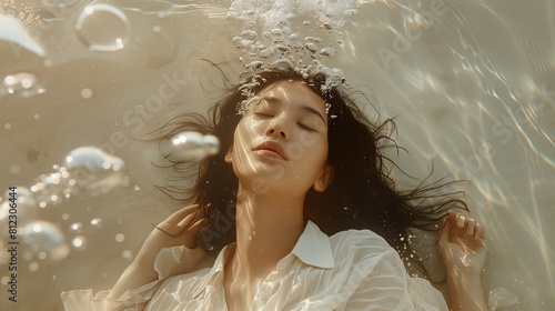 portrait of an Asian woman underwater, serenity.