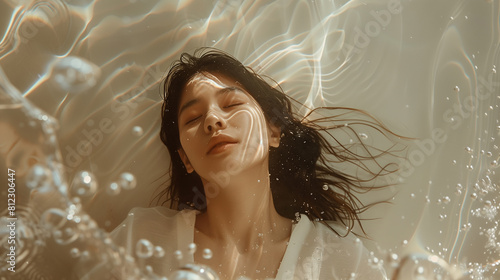 portrait of an Asian woman underwater, serenity.
