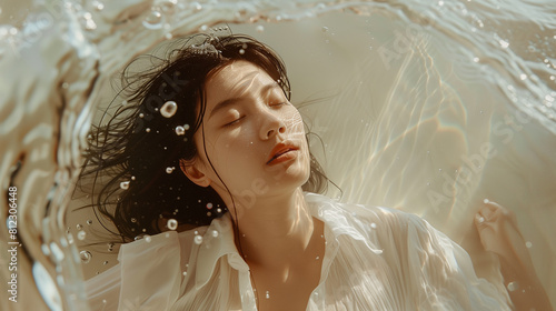 portrait of an Asian woman underwater, serenity.