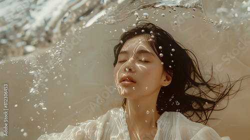 portrait of an Asian woman underwater, serenity.