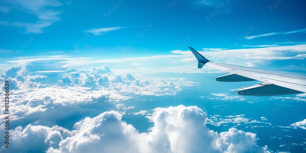 A captivating view from an airplane window showing the wing flying above picturesque clouds and clear sky A captivating view from an airplane window showing the wing flying above picturesque clouds and clear sky