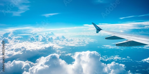 A captivating view from an airplane window showing the wing flying above picturesque clouds and clear sky photo