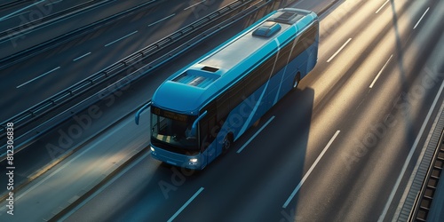 A bright blue luxury coach bus travels on a multi-lane highway in directional morning light