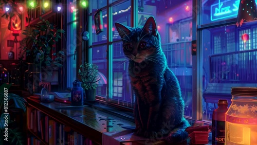 Lofi a cat sitting casually on the room table at night, world cat day. looping time-lapse animation background photo