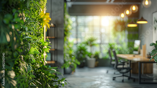 Green, sustainable and ecological office space with daily employee traffic A modern and eco-friendly startup with ESG standards and an office with care for employee well-being and a healthy environmet photo