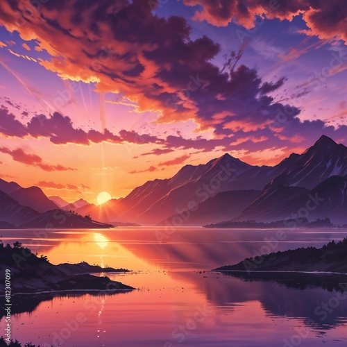 Digital painting vibrant sunset over a serene lake with mountain colorful clouds © figi