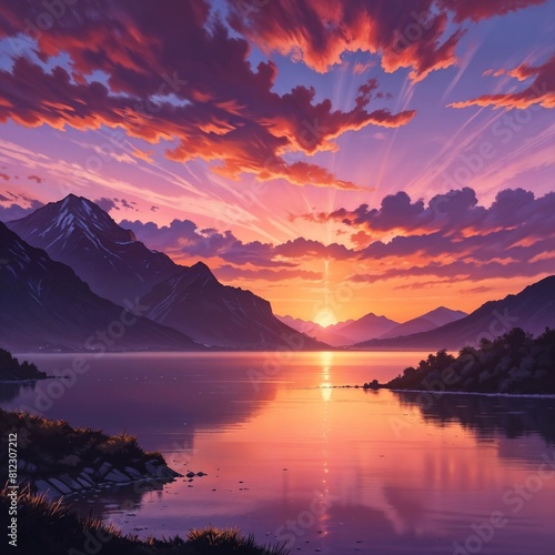 Digital painting vibrant sunset over a serene lake with mountain colorful clouds
