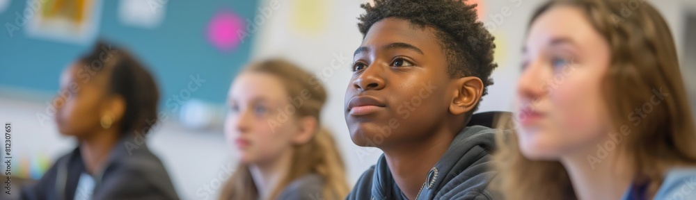 A diverse group of attentive students in a classroom setting, highlighting education and focus A diverse group of attentive students in a classroom setting, highlighting education and focus