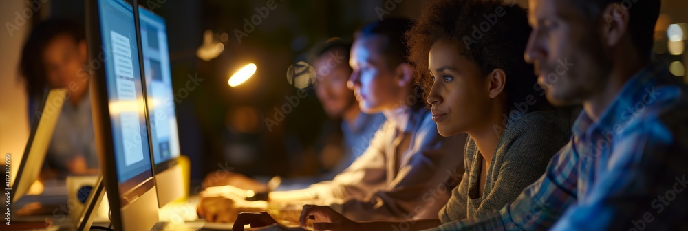 Fototapeta premium Colleagues collaborate on a project in a late-night office setting, emphasizing teamwork and dedication in a modern workplace