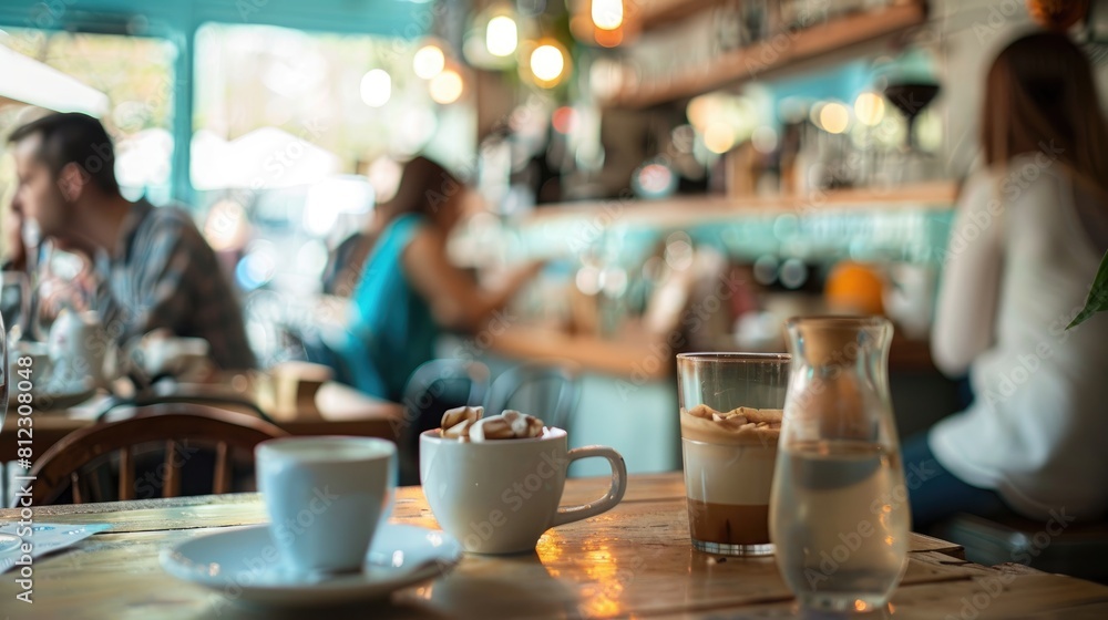 Blurred individuals in a cafe setting on a tabletop counter Blurred individuals in a cafe setting on a tabletop counter