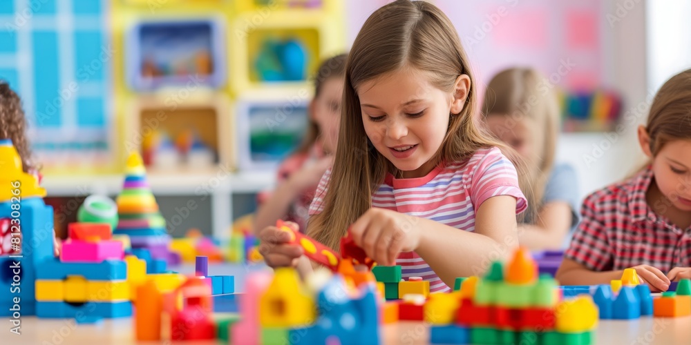 A girl focusing on building with colorful toy blocks in a playful environment A girl focusing on building with colorful toy blocks in a playful environment