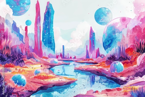 Delve into a Kawaii creative futuristic charismatic watercolor painting of a weirdly beautiful alien landscape photo