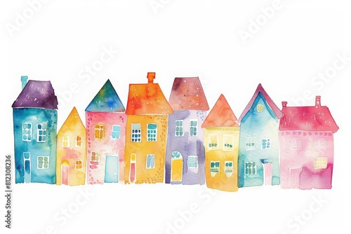 Engage with the simple beauty of a clean watercolor painting showing a row of pastel houses, Clipart minimal watercolor isolated on white background