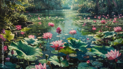 Vivid  detailed oil painting of a Lotus pond in Thailand  with a focus on the play of light on water and the rich colors of the flowers