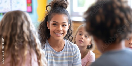 Confident young girl smiling during a group discussion with friends