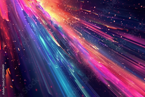 Explore the cosmic databurst that depicts vibrant colors cascading across a hitech background  sharpen with copy space